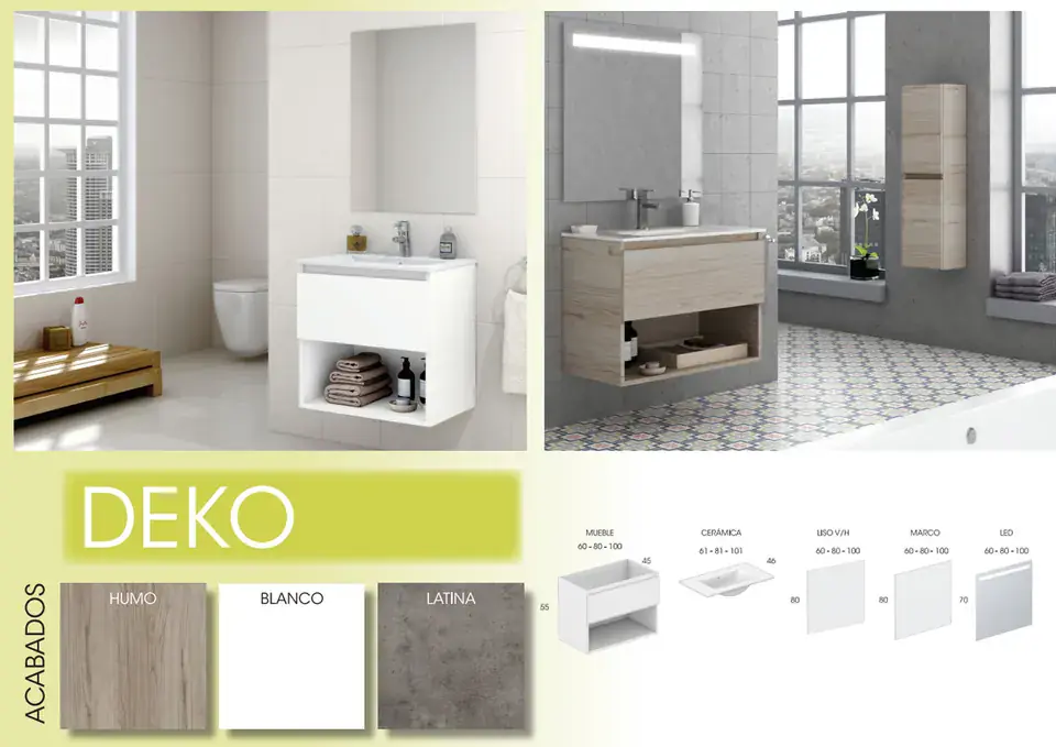 Ficha del modelo Deko: ambientes en blanco y Humo, acabados y medidas
