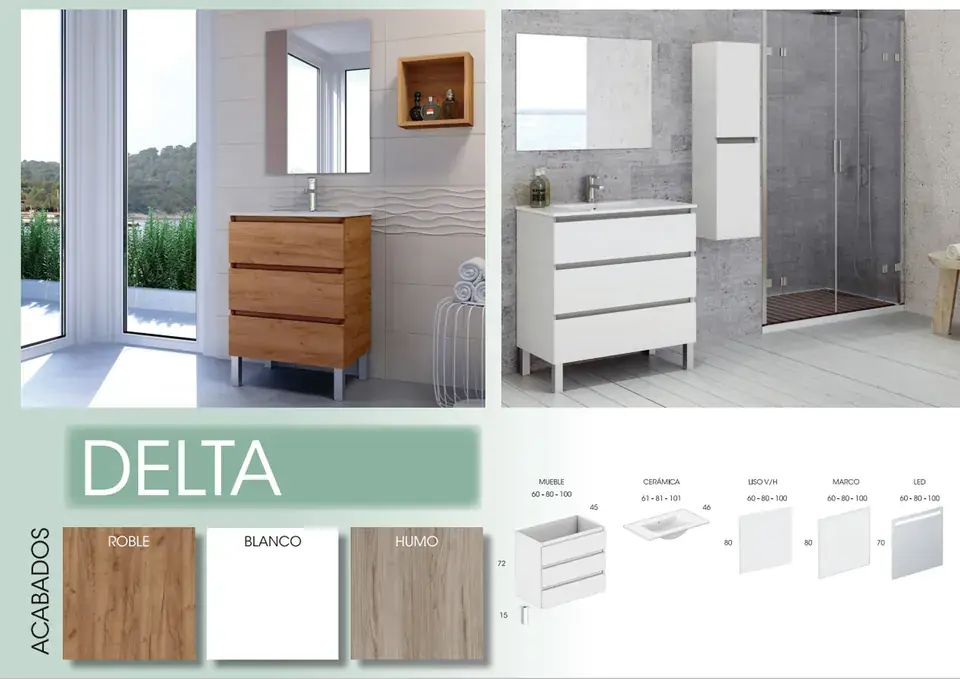Ficha del modelo Delta: ambientes en Roble y blanco, acabados y medidas