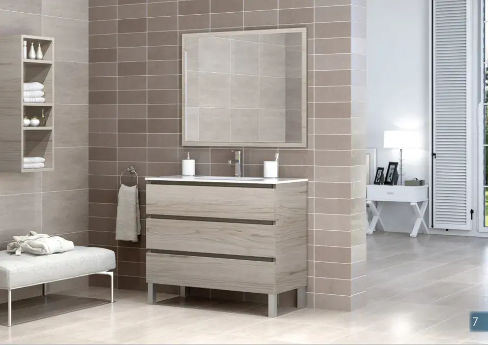 Mueble Delta con patas y tres cajones en acabado Humo