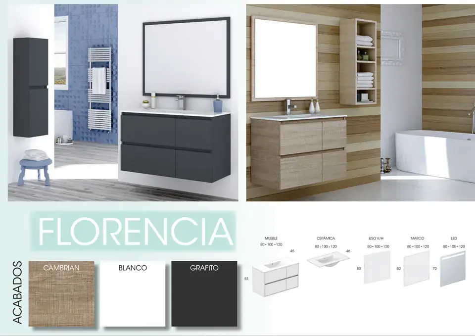 Ficha del modelo Florencia: ambientes en Grafito y Cambrian, acabados y medidas