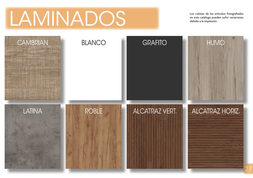 Carta de laminados: Cambrian, Blanco, Grafito, Humo, Latina, Roble, Alcatraz vertical y Alcatraz horizontal