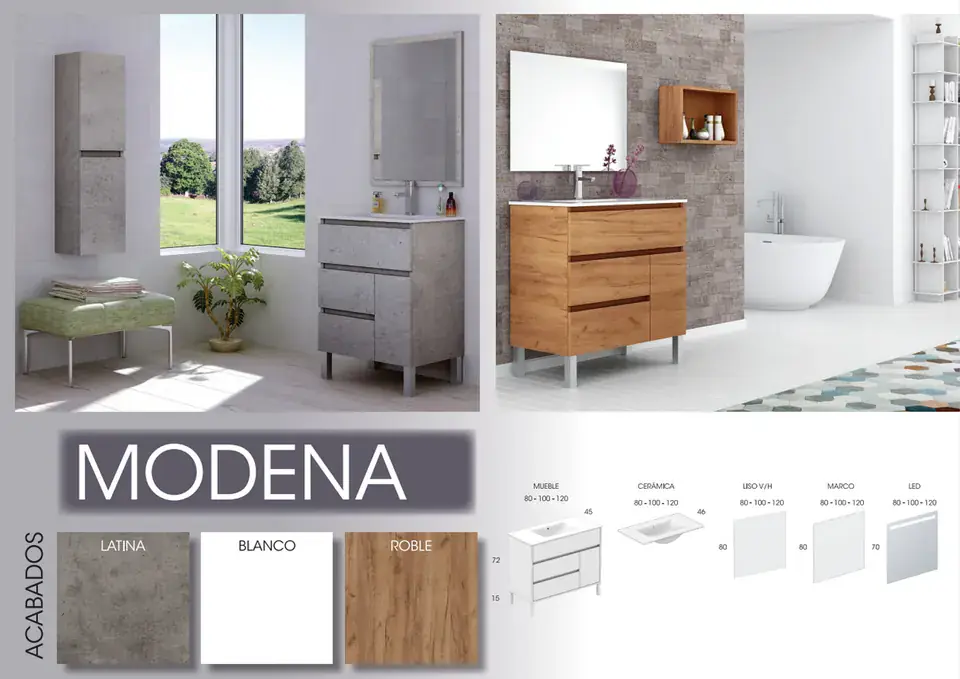 Ficha del modelo Módena: ambientes en Latina y Roble, acabados y medidas