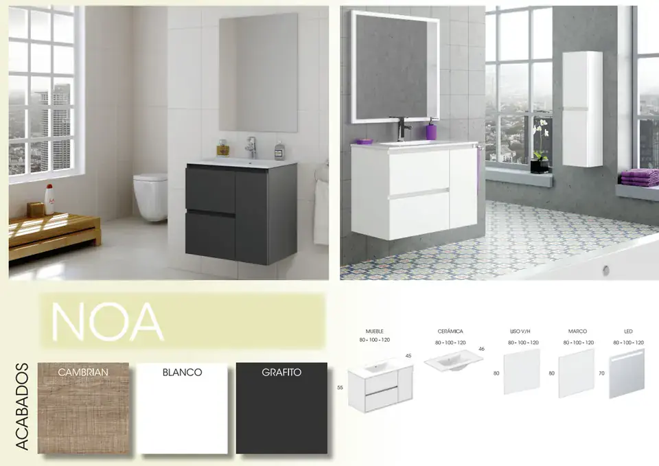 Ficha del modelo Noa: ambientes en Grafito y blanco, acabados y medidas