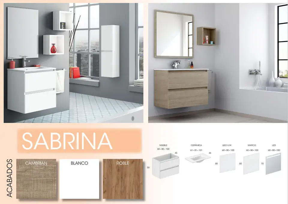 Ficha del modelo Sabrina: ambientes en blanco y Cambrian, acabados y medidas