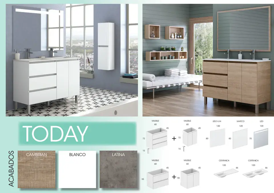 Ficha del modelo Today: ambientes en blanco y Cambrian, acabados y medidas
